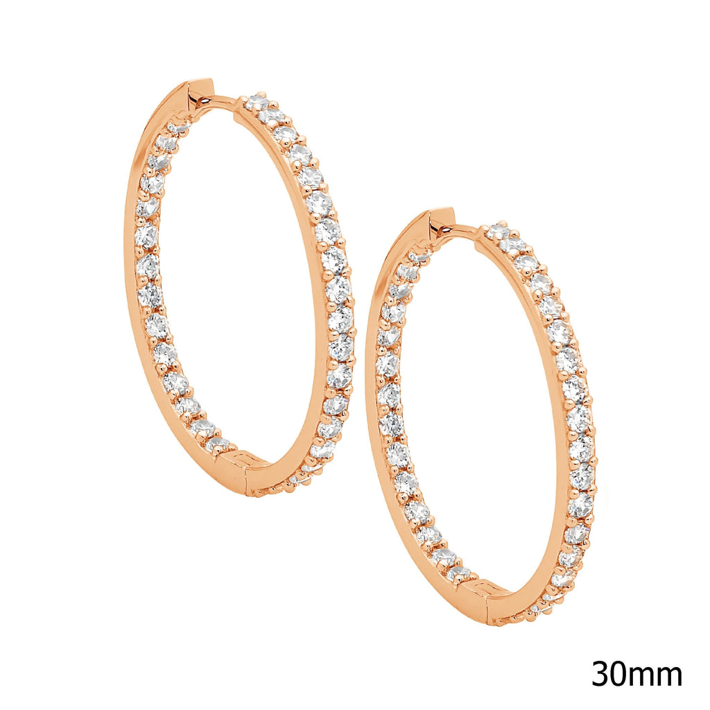 Sterling Silver White Cubic Zirconia Inside Out 3cm Hoop Earrings With Rose Yellow Gold Plating  