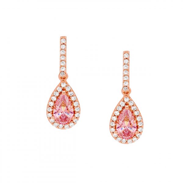 Sterling Silver With Rose Gold Plating Morganite Cubic Zirconia Pear Drop Earrings Cubic Zirconia Halo