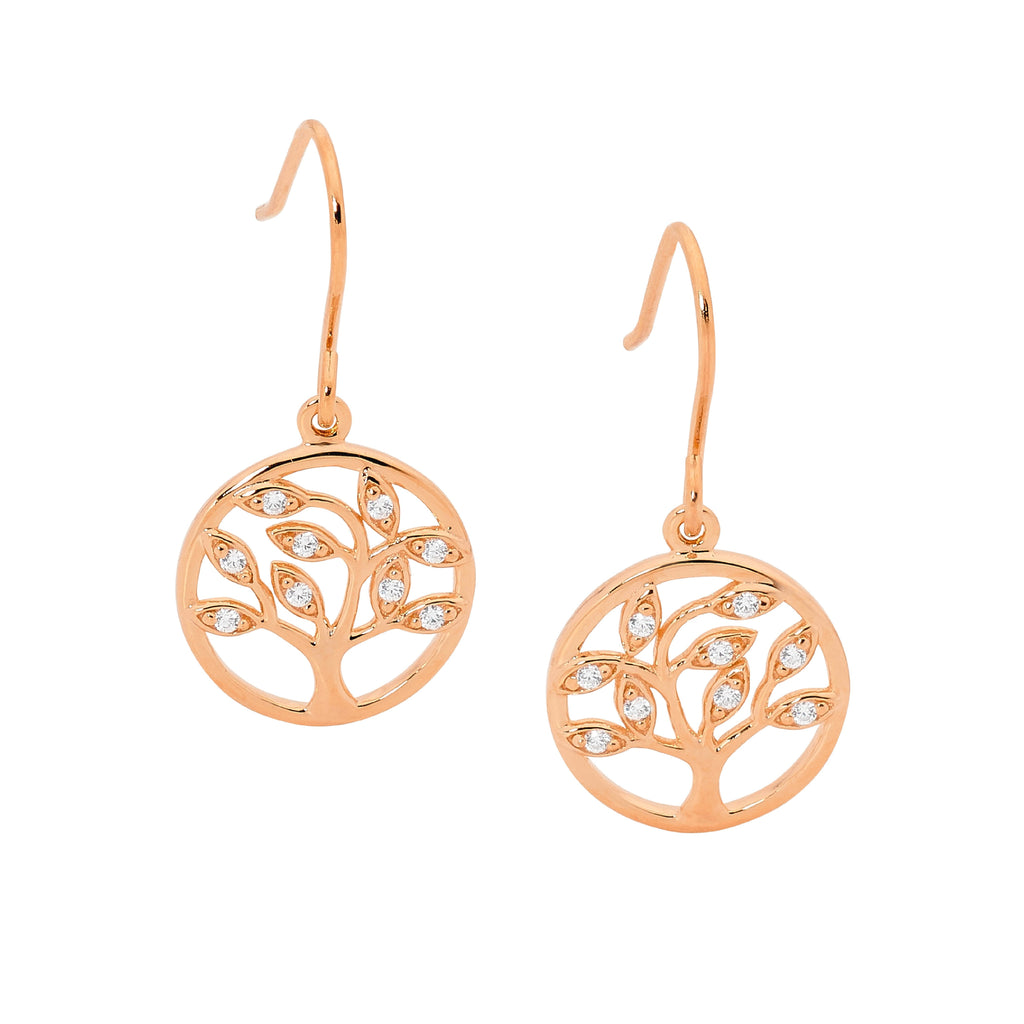 Sterling Silver White Cubic Zirconia Tree Of Life Earrings On Shepherds Hook With Rose Yellow Gold Plating   