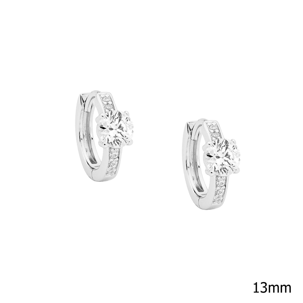 Sterling Silver White Cubic Zirconia 13mm Hoops  With 5mm White Cubic Zirconia Solitaire   