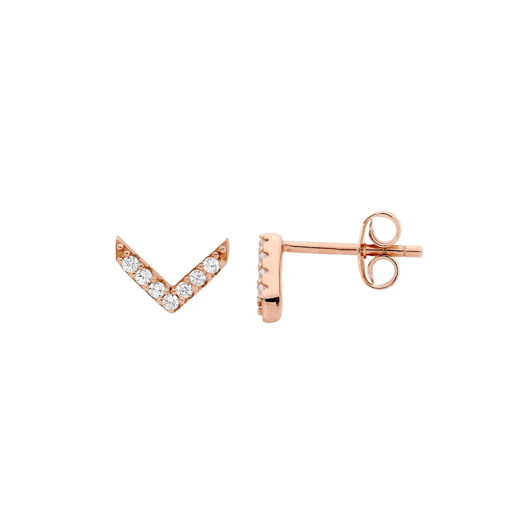 Sterling Silver White Cubic Zirconia V Stud Earrings With Rose Yellow Gold Plating  