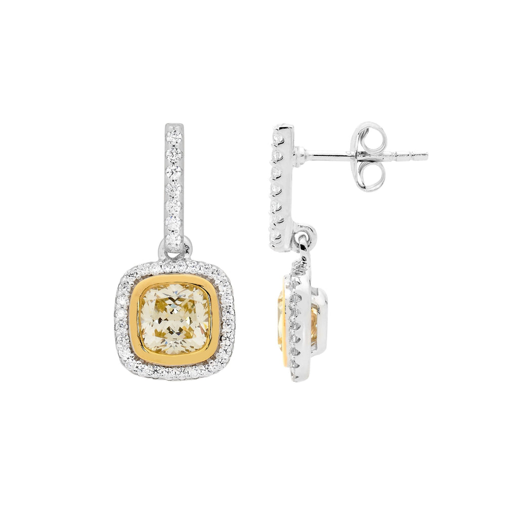 Sterling Silver Yellow Cubic Zirconia Cushion Cut With Yellow Gold Plating Bezel, Cubic Zirconia Halo Drop Earrings   
