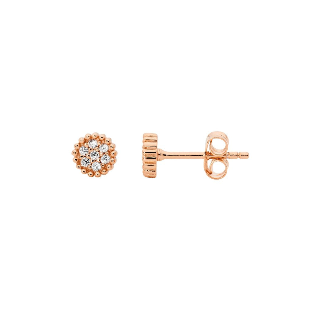 Sterling Silver 5mm Crown Set White Cubic Zirconia Cluster Earrings With Rose Yellow Gold Plating  