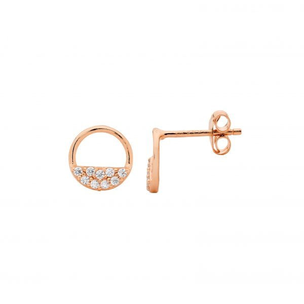 Sterling Silver 9mm Open Circle Earrings, 2 Rows White Cubic Zirconia With Rose Yellow Gold Plating   