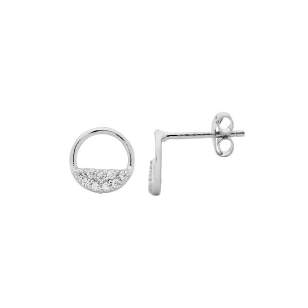 Sterling Silver 9mm Open Circle Earrings, 2 Rows White Cubic Zirconia   