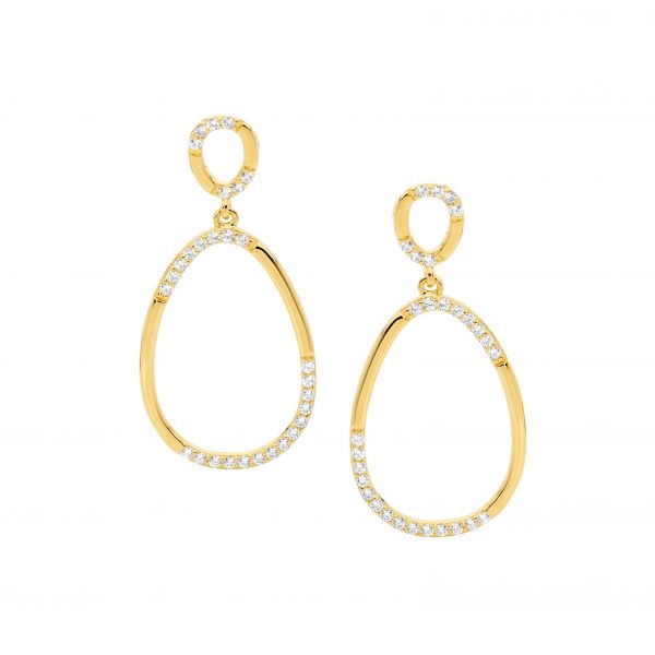 Sterling Silver White Cubic Zirconia 2x Oval Drop Earrings, With Yellow Gold Plating   