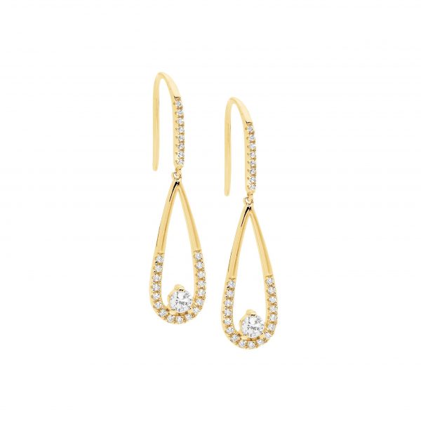 Sterling Silver White Cubic Zirconia Long Drop Tear On Shepherds Hook Earrings With Yellow Gold Plating   