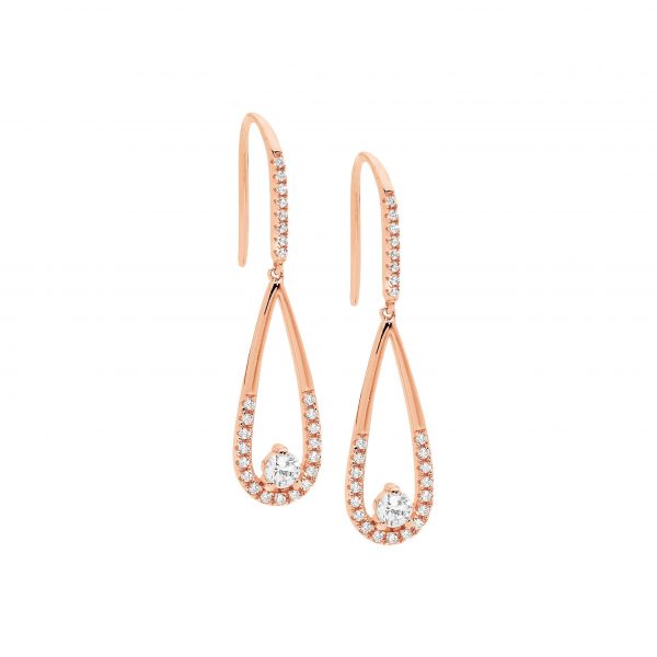Sterling Silver White Cubic Zirconia Long Drop Tear On Shepherds Hook Earrings With Rose Yellow Gold Plating   