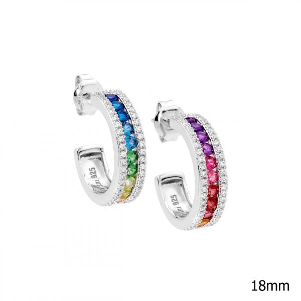 Sterling Silver Multi Colour Cubic Zirconia Chanel Set 18mm Hoop Earrings With White Cubic Zirconia Surround   