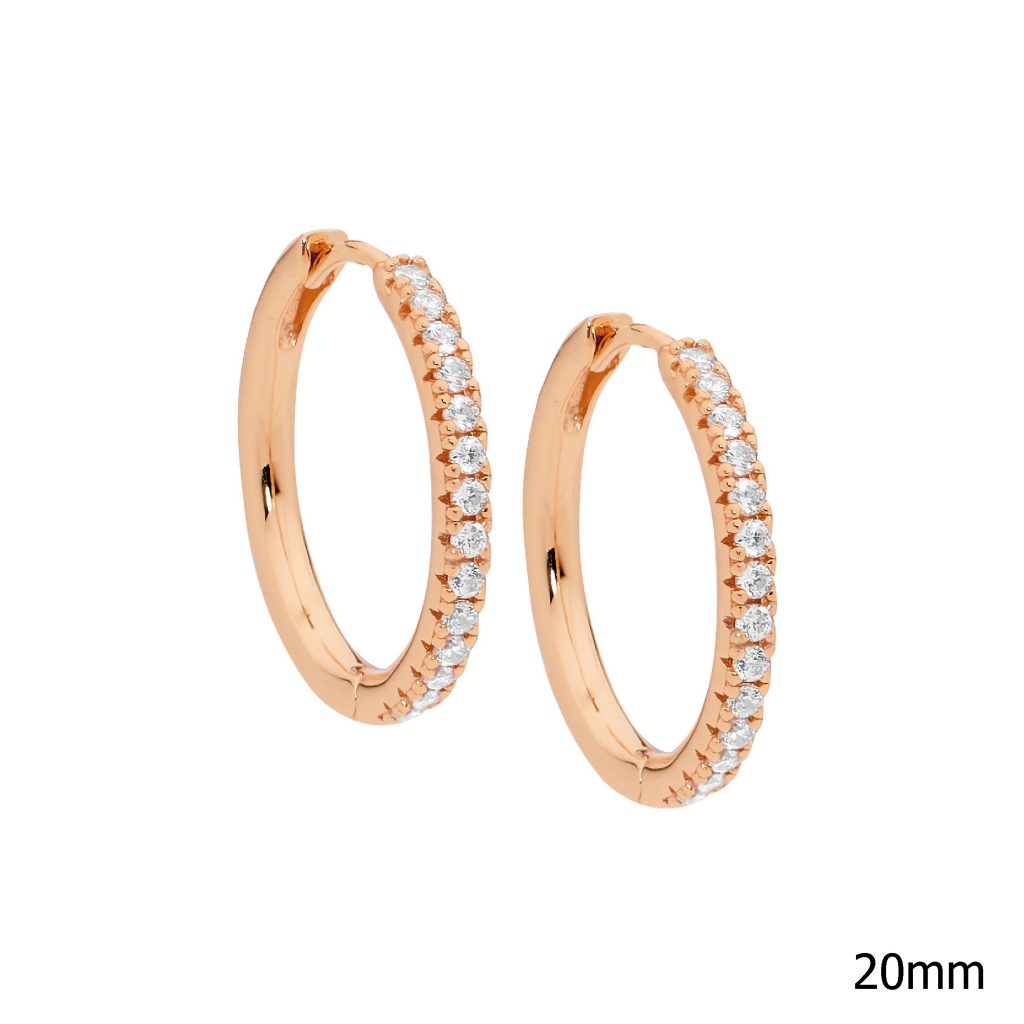 Sterling Silver White Cubic Zirconia 20mm Hoop Earrings With Rose Yellow Gold Plating   