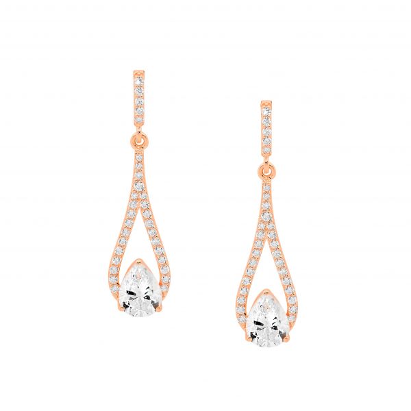 Sterling Silver White Cubic Zirconia 35mm Open Tear Drop Earrings With Pear Cubic Zirconia & Rose Yellow Gold Plating   