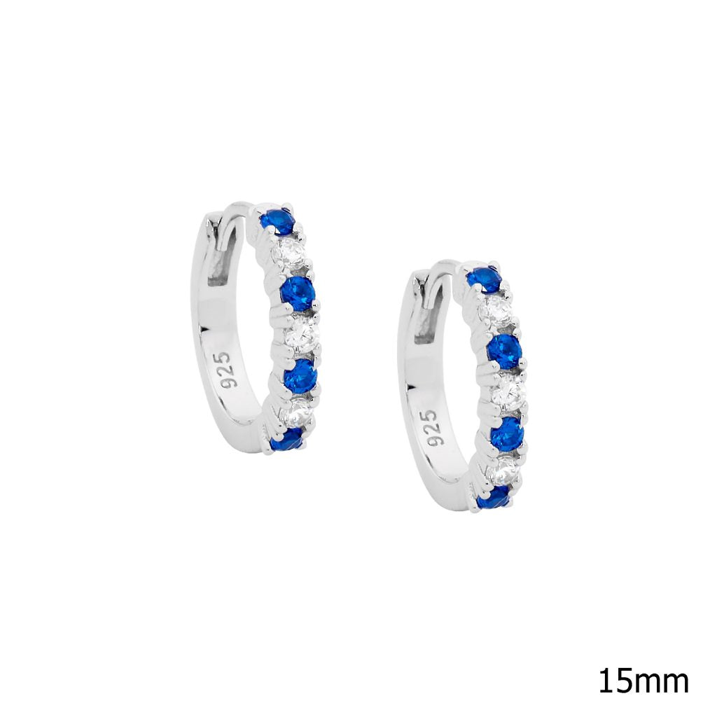 Sterling Silver 13mm Hoop Earings, White Cubic Zirconia Bezel Drop   