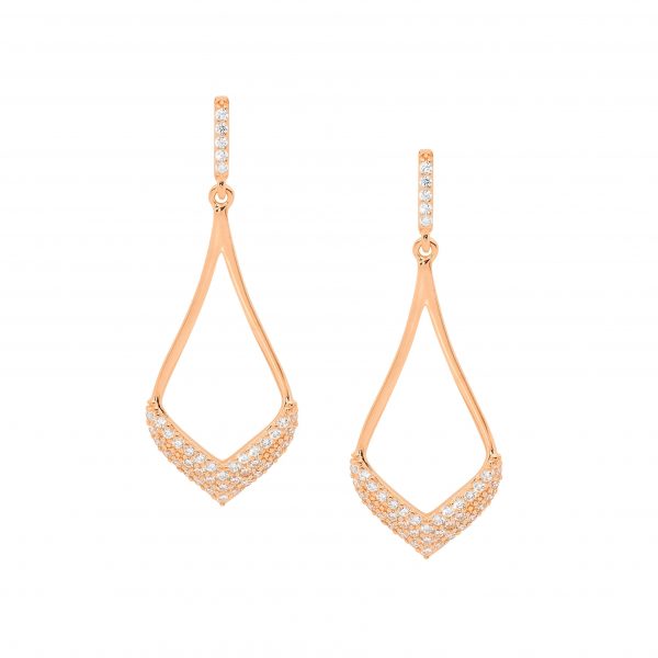 Sterling Silver Open Tear Drop Earrings 40mm WithWhite Cubic Zirconia Pave & Rose Yellow Gold Plating  