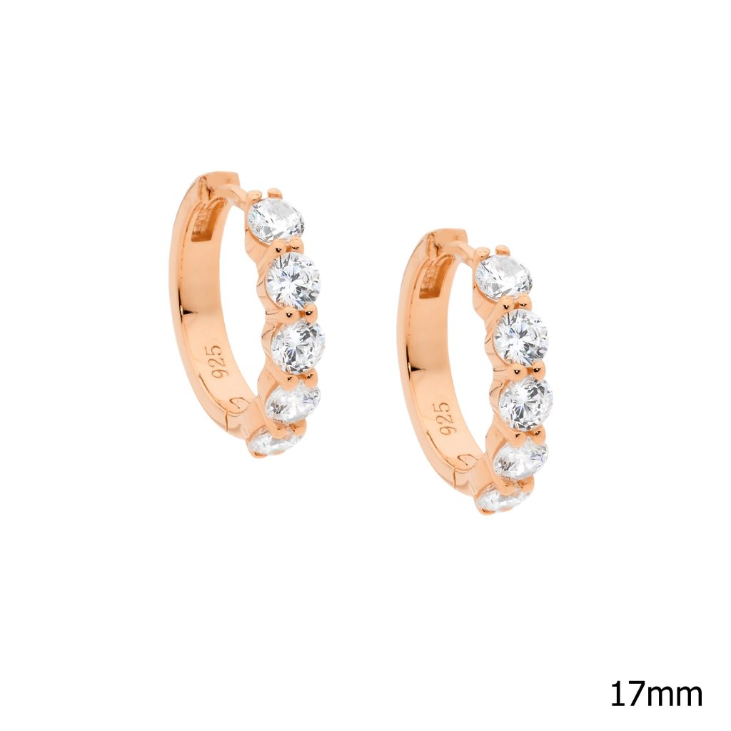 Sterling Silver 17mm Hoop Earrings, 5x3.5mm White Cubic Zirconia With Rose Yellow Gold Plating   