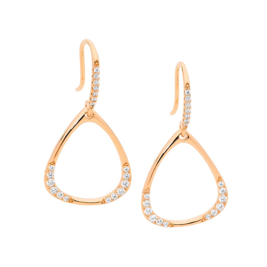 Sterling Silver White Cubic Zirconia Open Triangle Drop Earings With Rose Gold Plating   