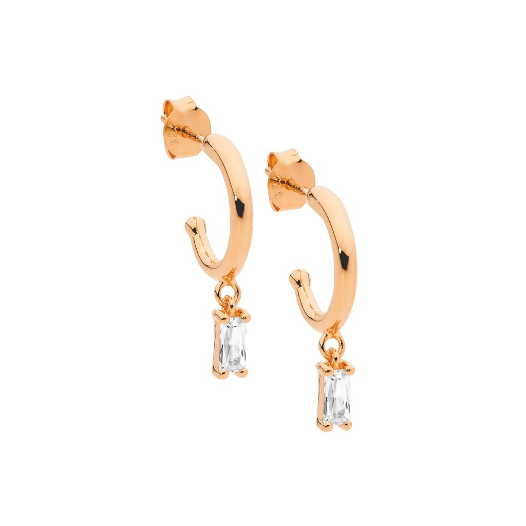 Sterling Silver 13mm Hoop Earings, White Cubic Zirconia Baguette Drop With Rose Gold Plating   