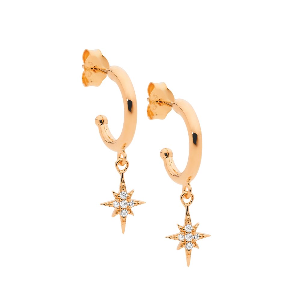 Sterling Silver 13mm Hoop Earings, White Cubic Zirconia Star Drop With Rose Gold Plating   