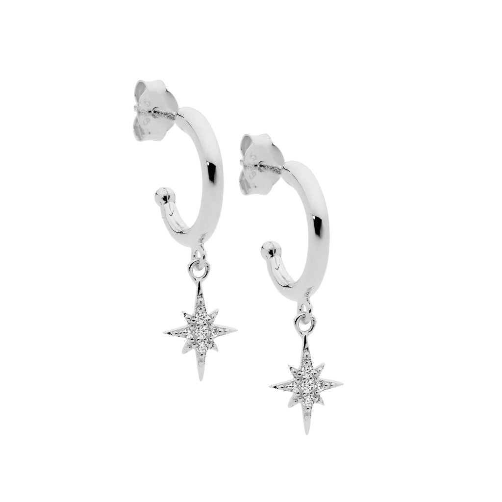 Sterling Silver 13mm Hoop Earings, White Cubic Zirconia Star Drop