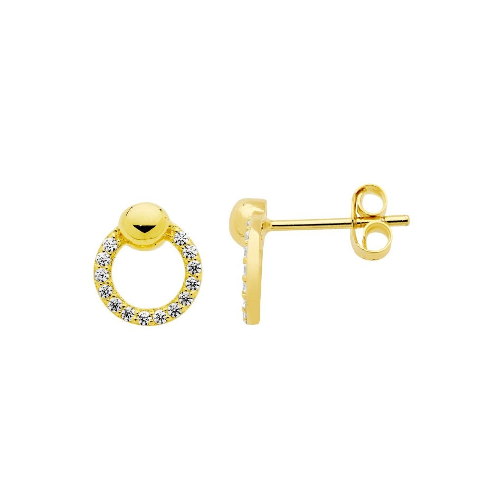 Sterling Silver White Cubic Zirconia 9mm Open Circle Earings, Ball Feature With Gold Plating   