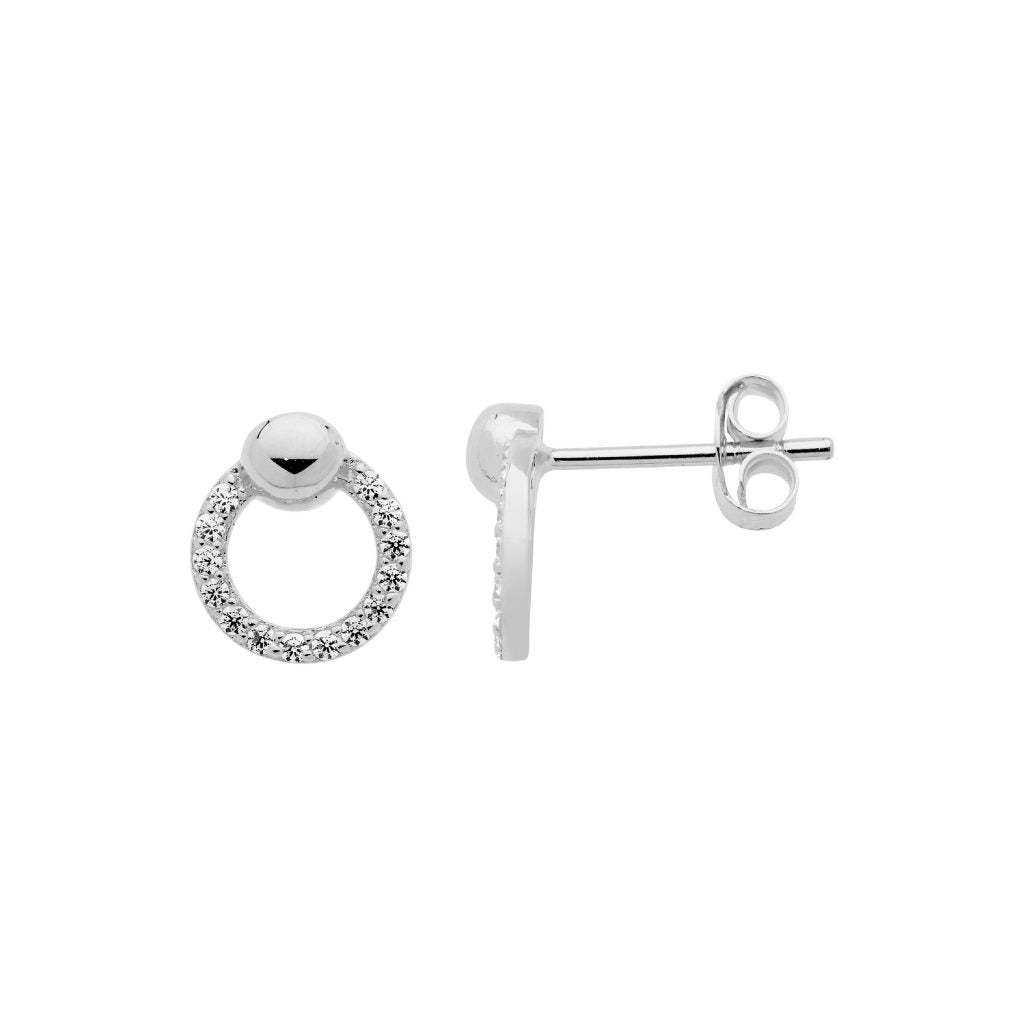 Sterling Silver White Cubic Zirconia 9mm Open Circle Earings, Ball Feature   