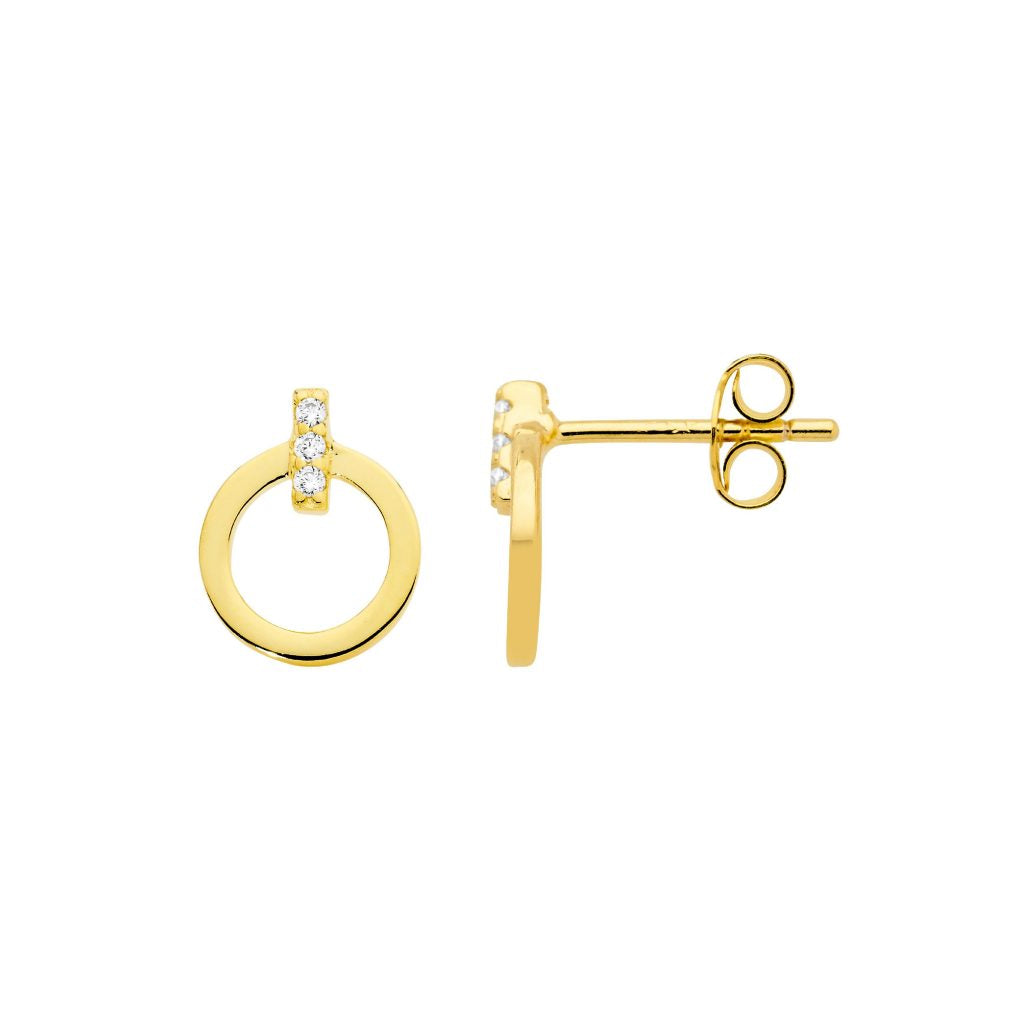 Sterling Silver 9mm Open Circle, White Cubic Zirconia Bar Feature Stud Earings, With Gold Plating   