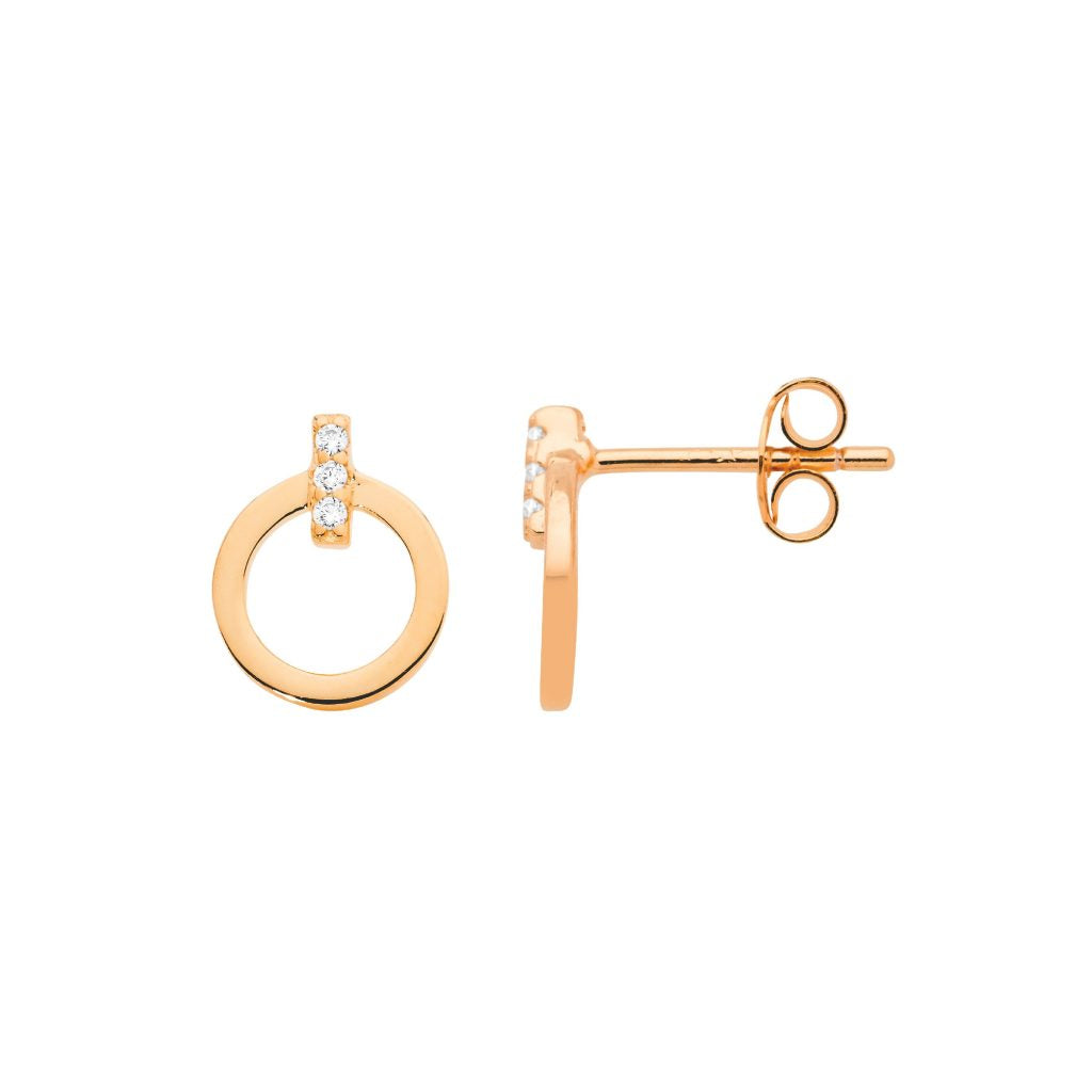 Sterling Silver 9mm Open Circle, White Cubic Zirconia Bar Feature Stud Earings, With Rose Gold Plating   