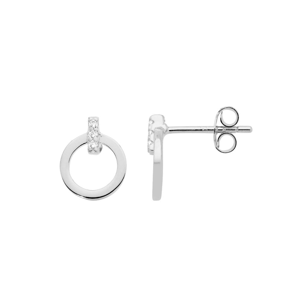 Sterling Silver 9mm Open Circle, White Cubic Zirconia Bar Feature Stud Earings   