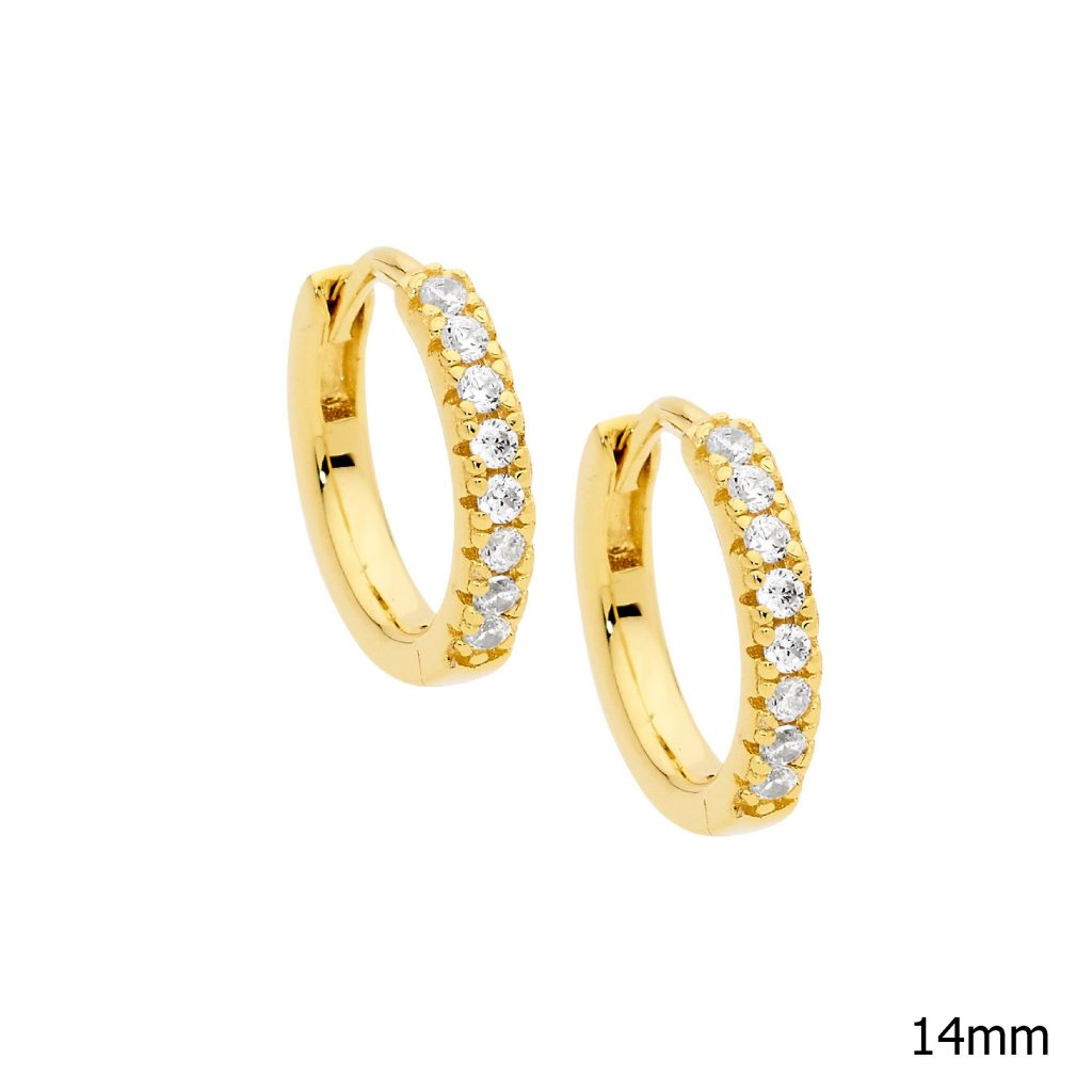 Sterling Silver White Cubic Zirconia 14mm Hoop Earings With Gold Plating   