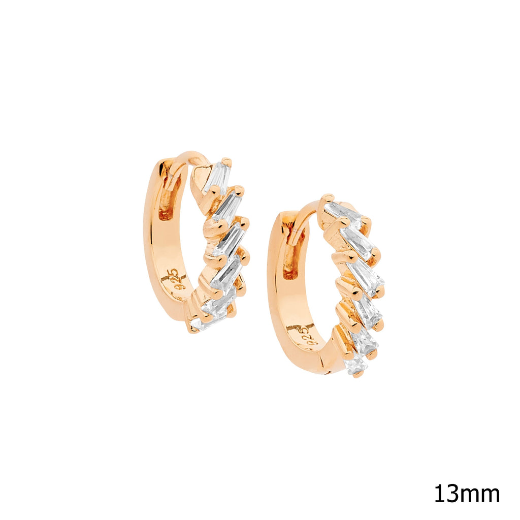 Sterling Silver White Cubic Zirconia Tapered Baguette 13mm Hoop Earrings With Rose Yellow Gold Plating   