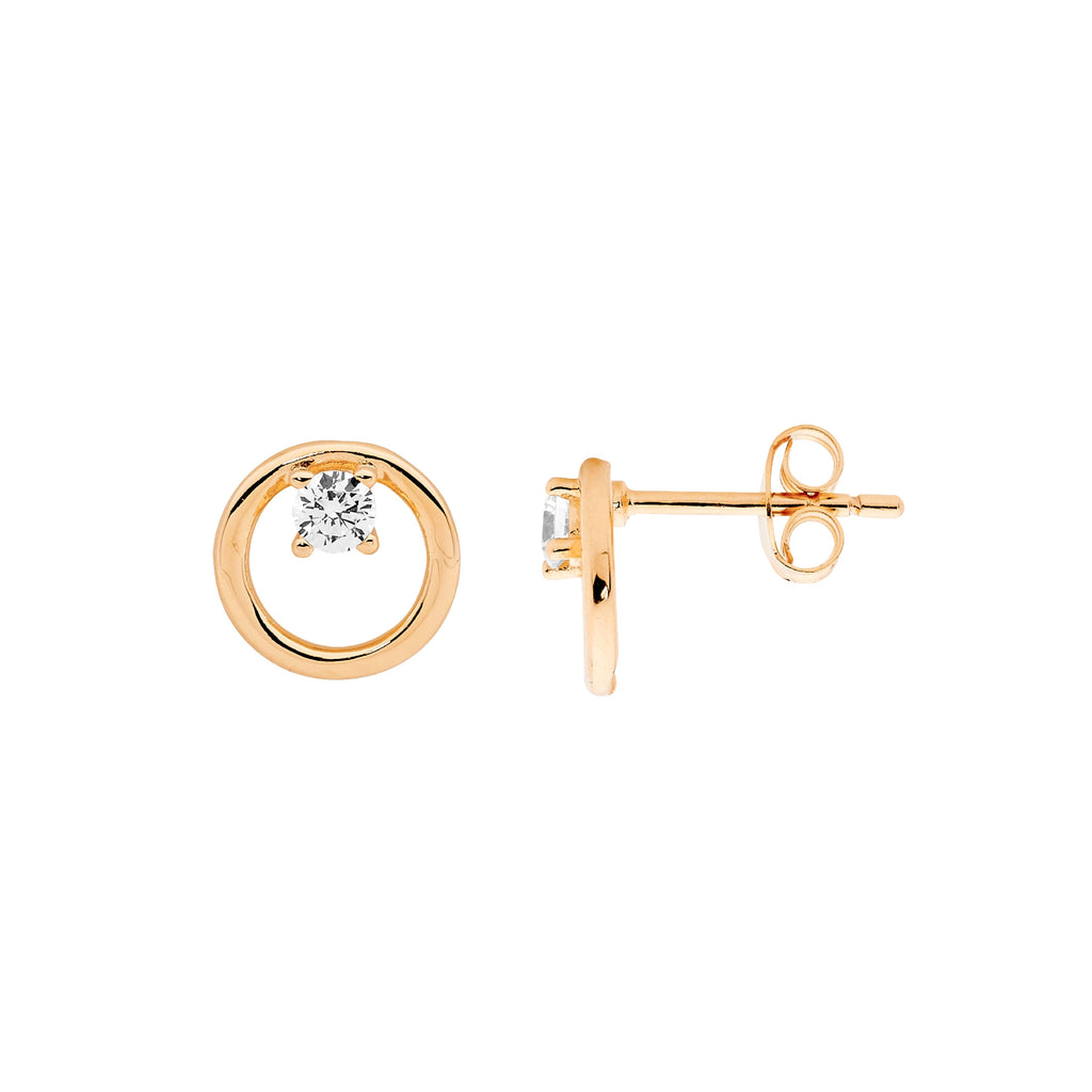 Sterling Silver 9mm Open Circle Earrings With 1x White Cubic Zirconia & Rose Yellow Gold Plating   