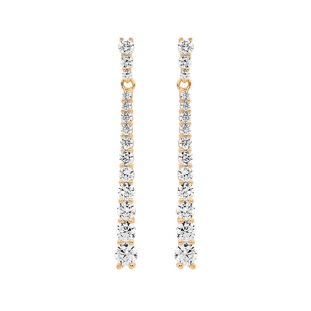 Sterling Silver Round Gradual White Cubic Zirconia Drop Earrings With Rose Yellow Gold Plating   