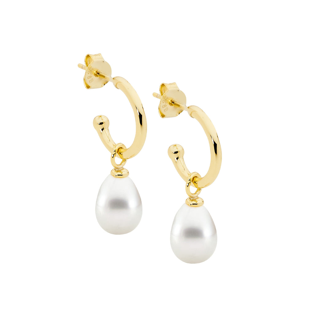 Sterling Silver 13mm Hoop Earrings With Freshwater Pearl Drop & Yellow Gold Plating   