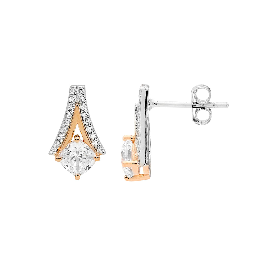 Sterling Silver White Cubic Zirconia Open V With Cushion Cut & Rose Yellow Gold Plating Earrings   