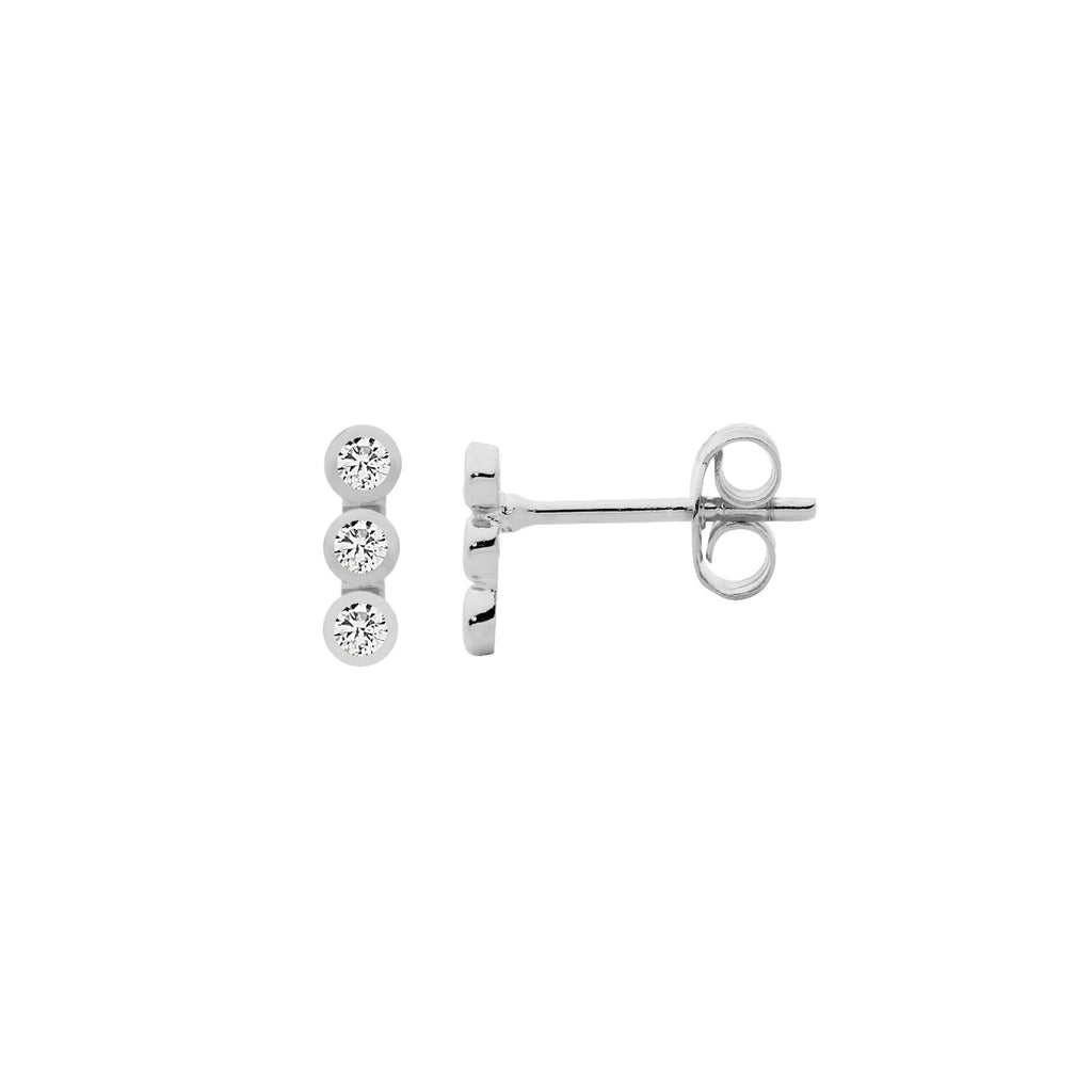 Sterling Silver 3 Bezel Set White Cubic Zirconia Stud Earrings  