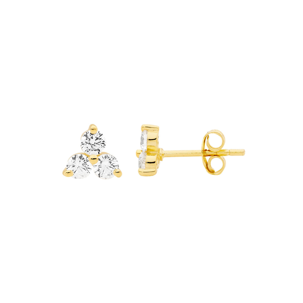 Sterling Silver 3x3mm White Cubic Zirconia Prong Set Stud Earrings  With Yellow Yellow Gold Plating   