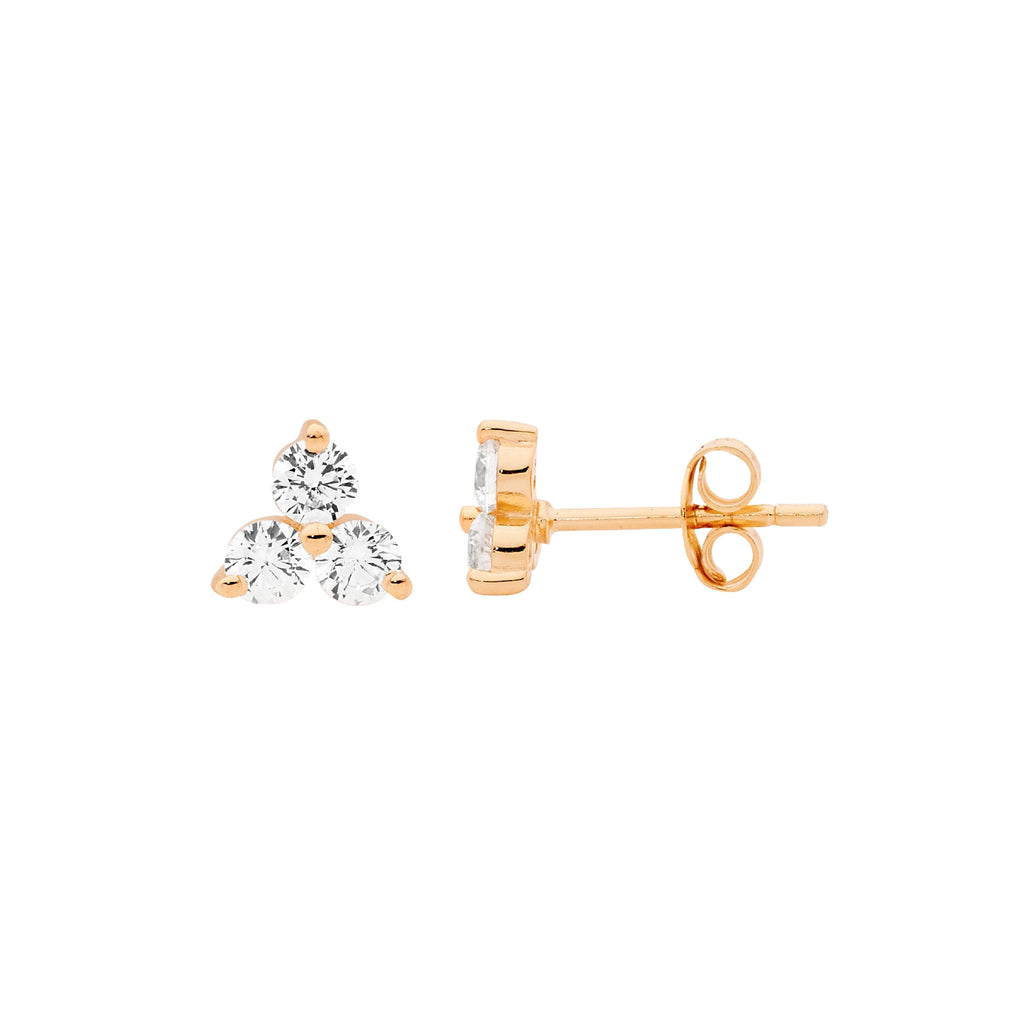 Sterling Silver 3x3mm White Cubic Zirconia Prong Set Stud Earrings With Rose Yellow Gold Plating   