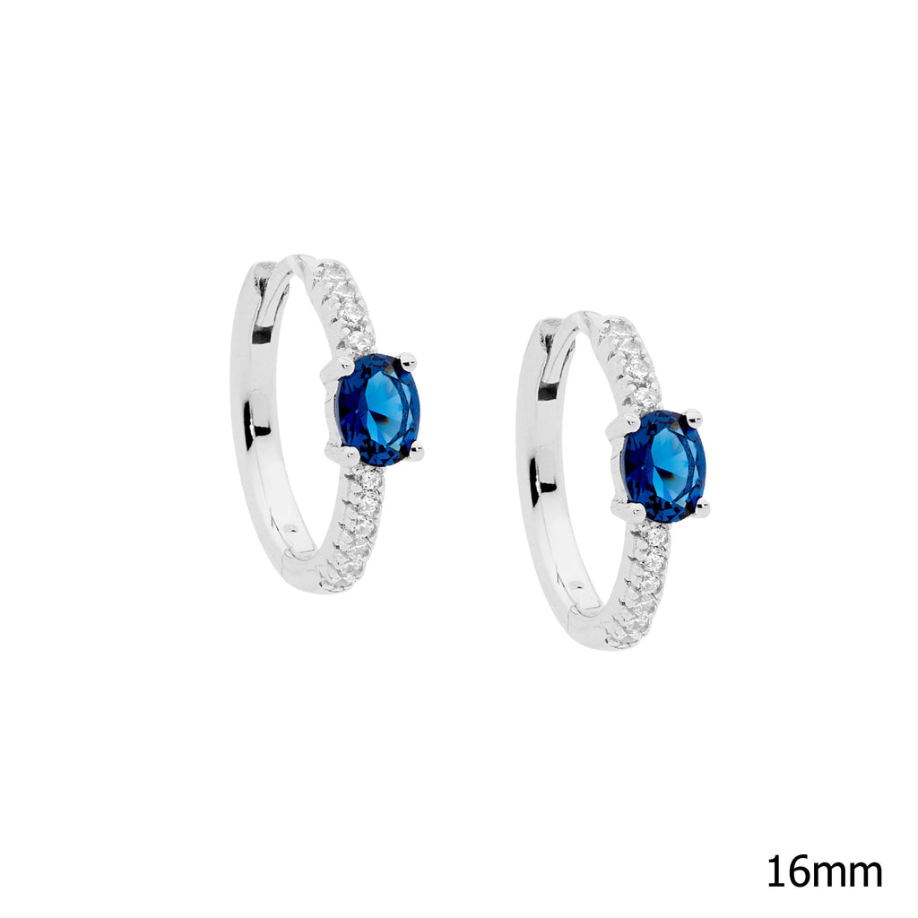 Sterling Silver White Cubic Zirconia 16mm Hoop Earrings With London Blue Oval Cubic Zirconia    