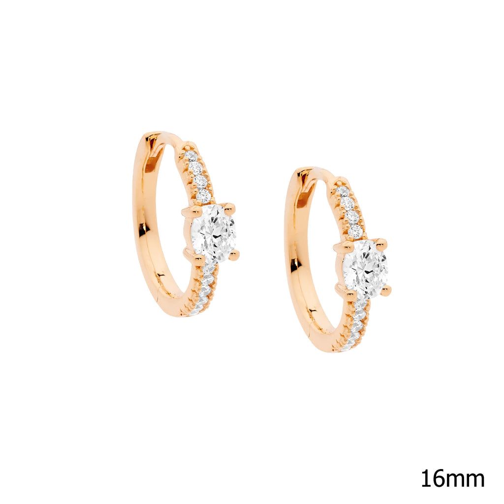 Sterling Silver White Cubic Zirconia 16mm Hoop Earrings, Oval Cubic Zirconia With Rose Yellow Gold Plating   