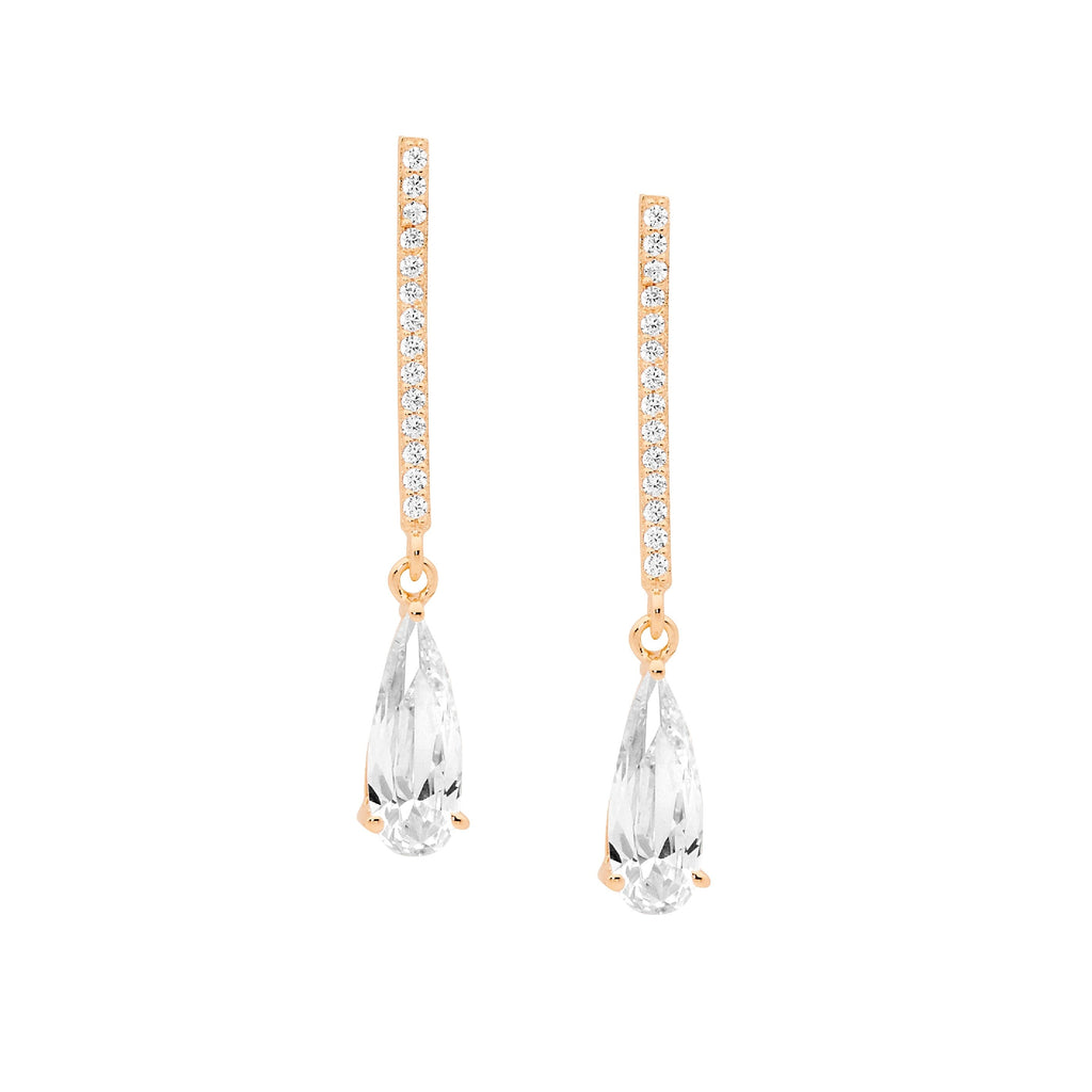 Sterling Silver White Cubic Zirconia Drop Bar With Long Tear Cubic Zirconia Earrings, Rose Yellow Gold Plating   