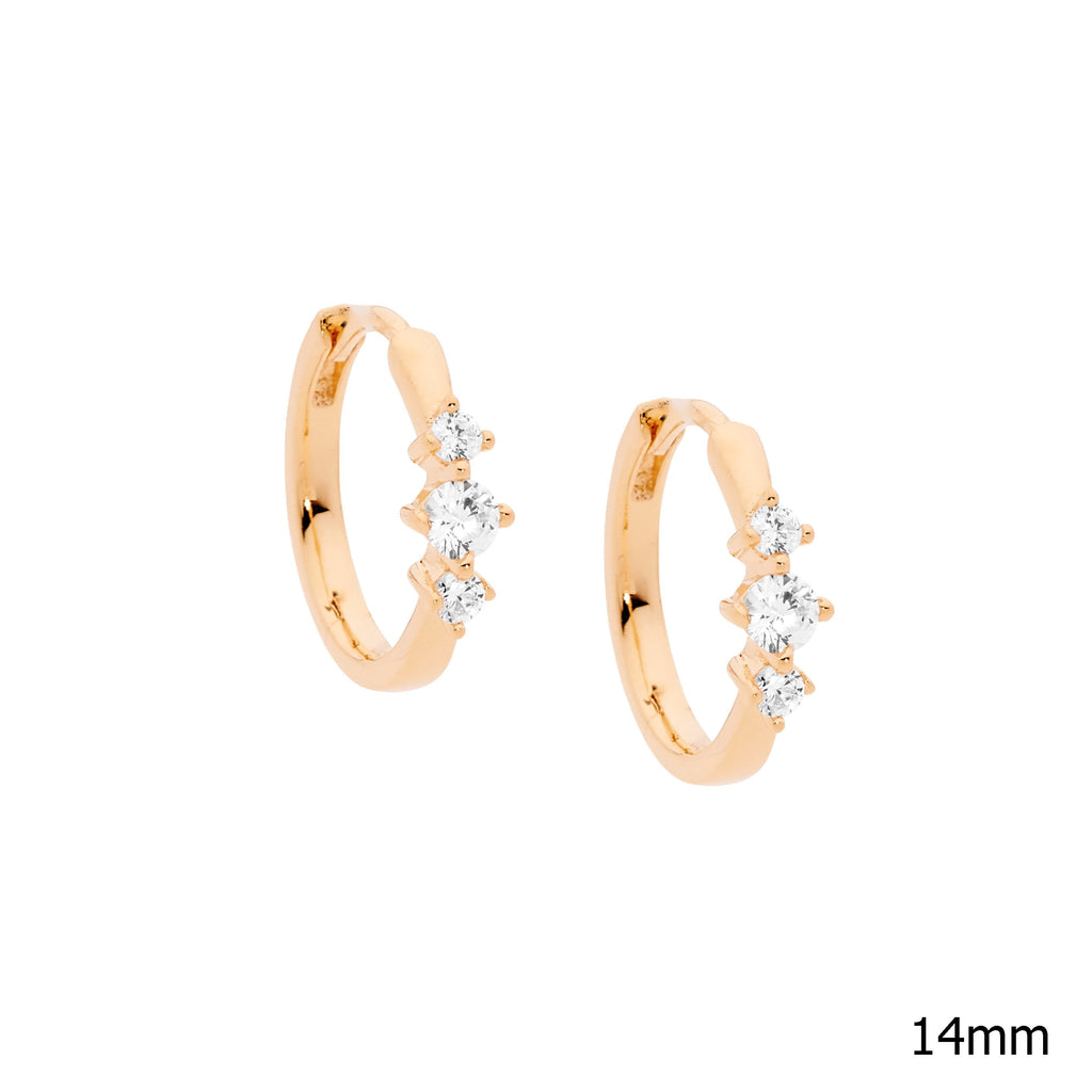Sterling Silver 14mm Hoop Earrings With 3 White Cubic Zirconia Feature, Rose Yellow Gold Plating   