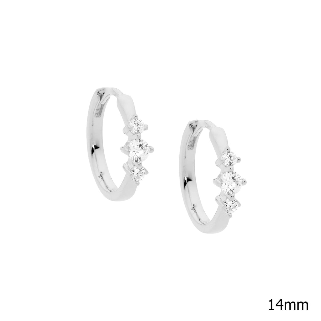 Sterling Silver 14mm Hoop Earrings With 3 White Cubic Zirconia Feature   