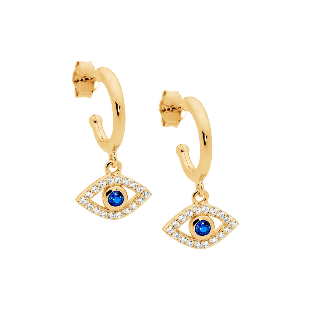 Sterling Silver 13mm Hoop Earrings, White & Blue Cubic Zirconia Evil Eye Drop  With Yellow Yellow Gold Plating   
