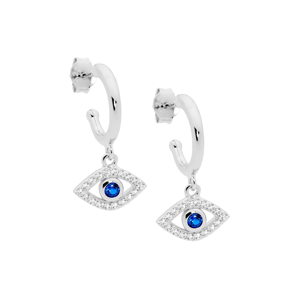 Sterling Silver 13mm Hoop Earrings, White & Blue Cubic Zirconia Evil Eye Drop   
