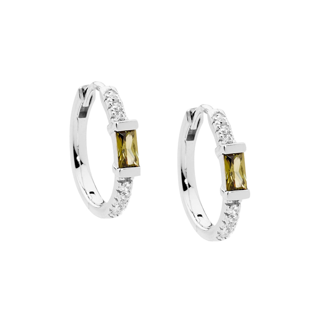 Sterling Silver White Cubic Zirconia 16mm Hoop Earrings With Peridot Baguette Cubic Zirconia    