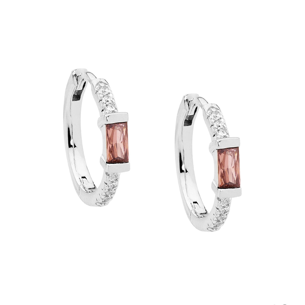 Sterling Silver White Cubic Zirconia 16mm Hoop Earrings With Rhodolite Baguette Cubic Zirconia    