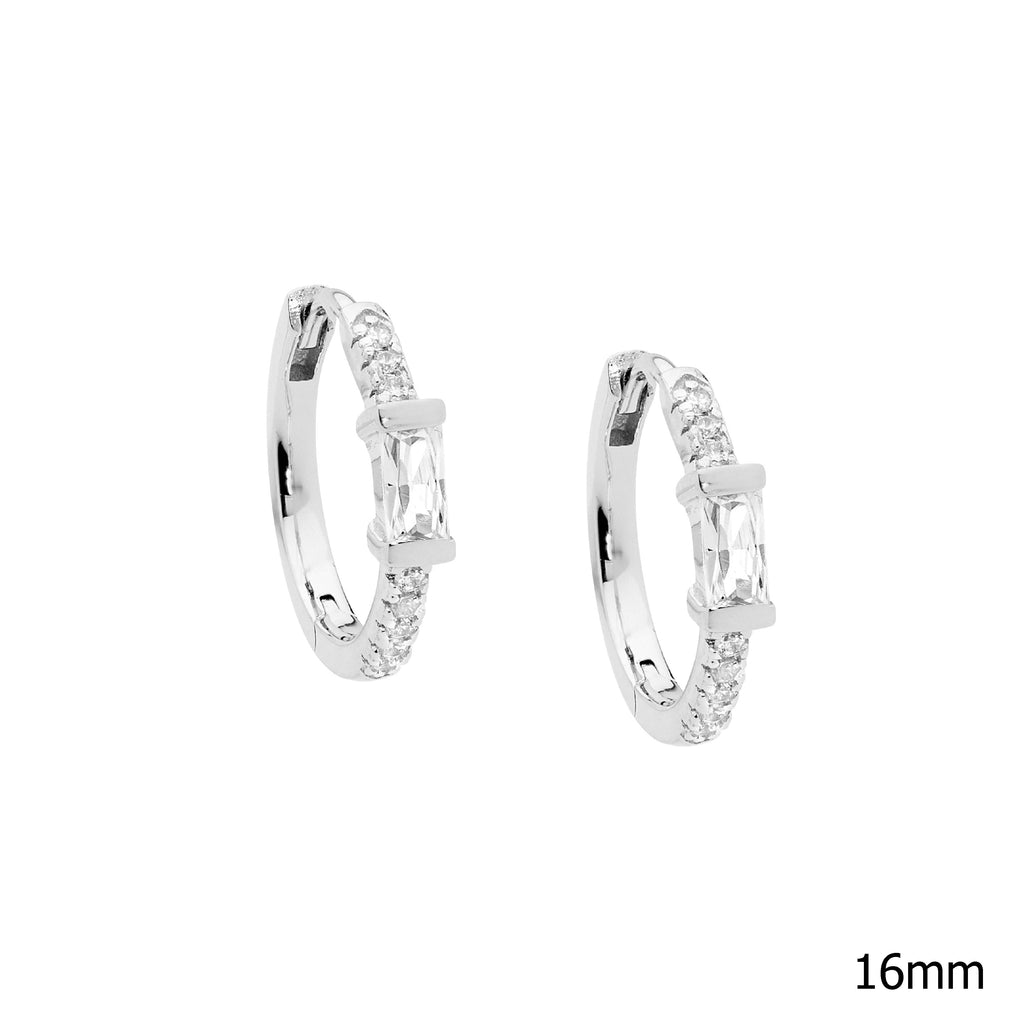 Sterling Silver White Cubic Zirconia 16mm Hoop Earrings With White Baguette Cubic Zirconia    