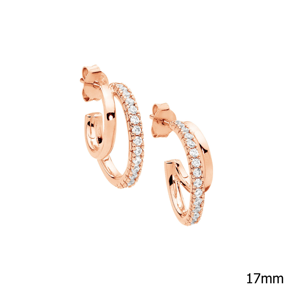 Sterling Silver 17mm Dble Hoop Earrings, 1x White Cubic Zirconia With Rose Yellow Gold Plating   