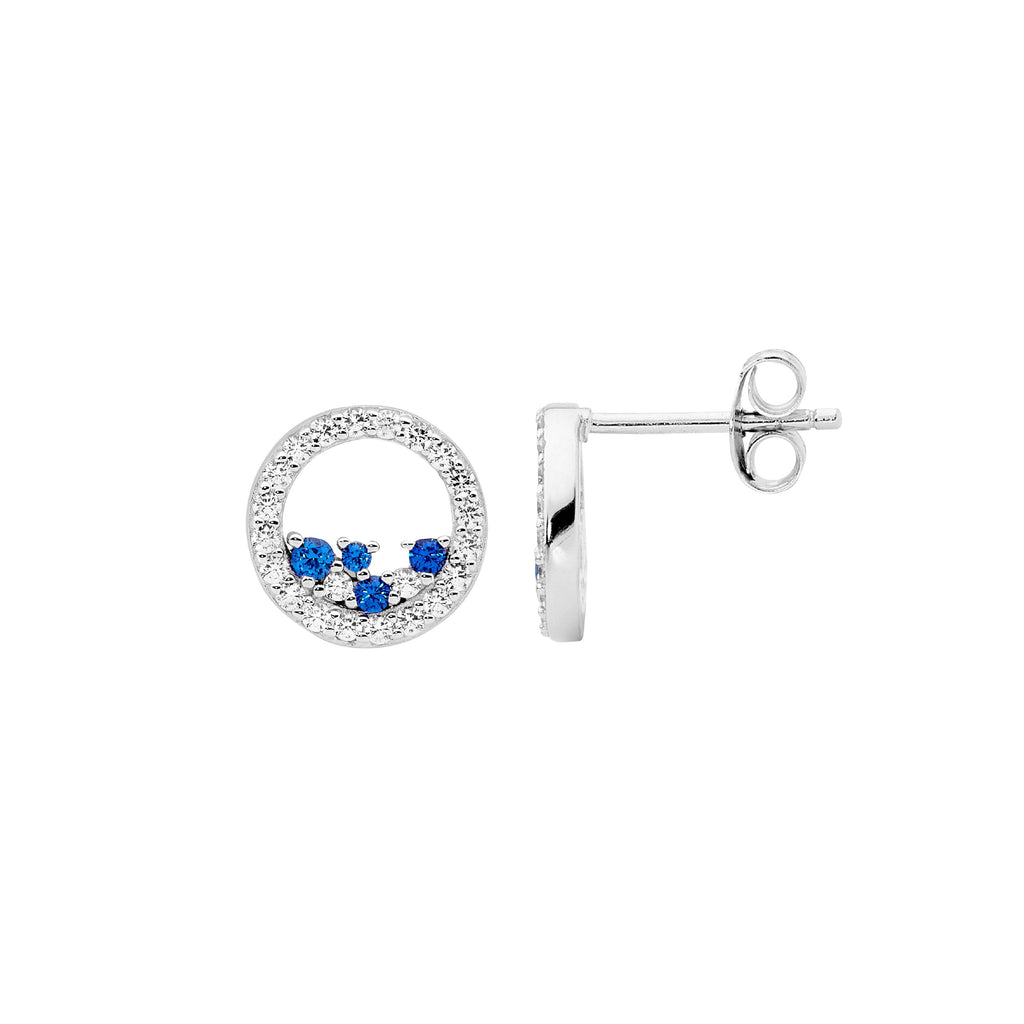 Sterling Silver White Cubic Zirconia 10mm Open Circle Earrings With Scattered Blue & White Cubic Zirconia   