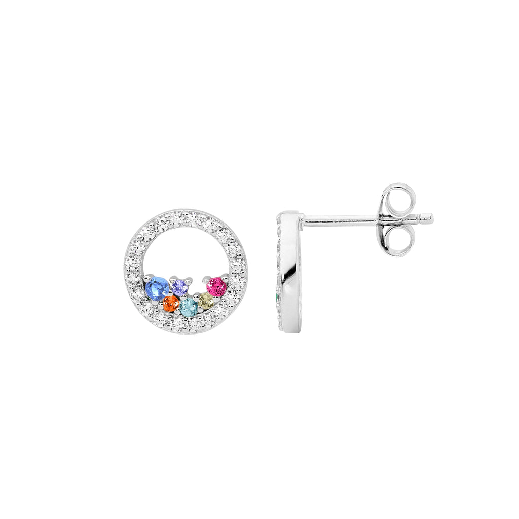 Sterling Silver White Cubic Zirconia 10mm Open Circle Earrings With Scattered Multi Colour Cubic Zirconia   