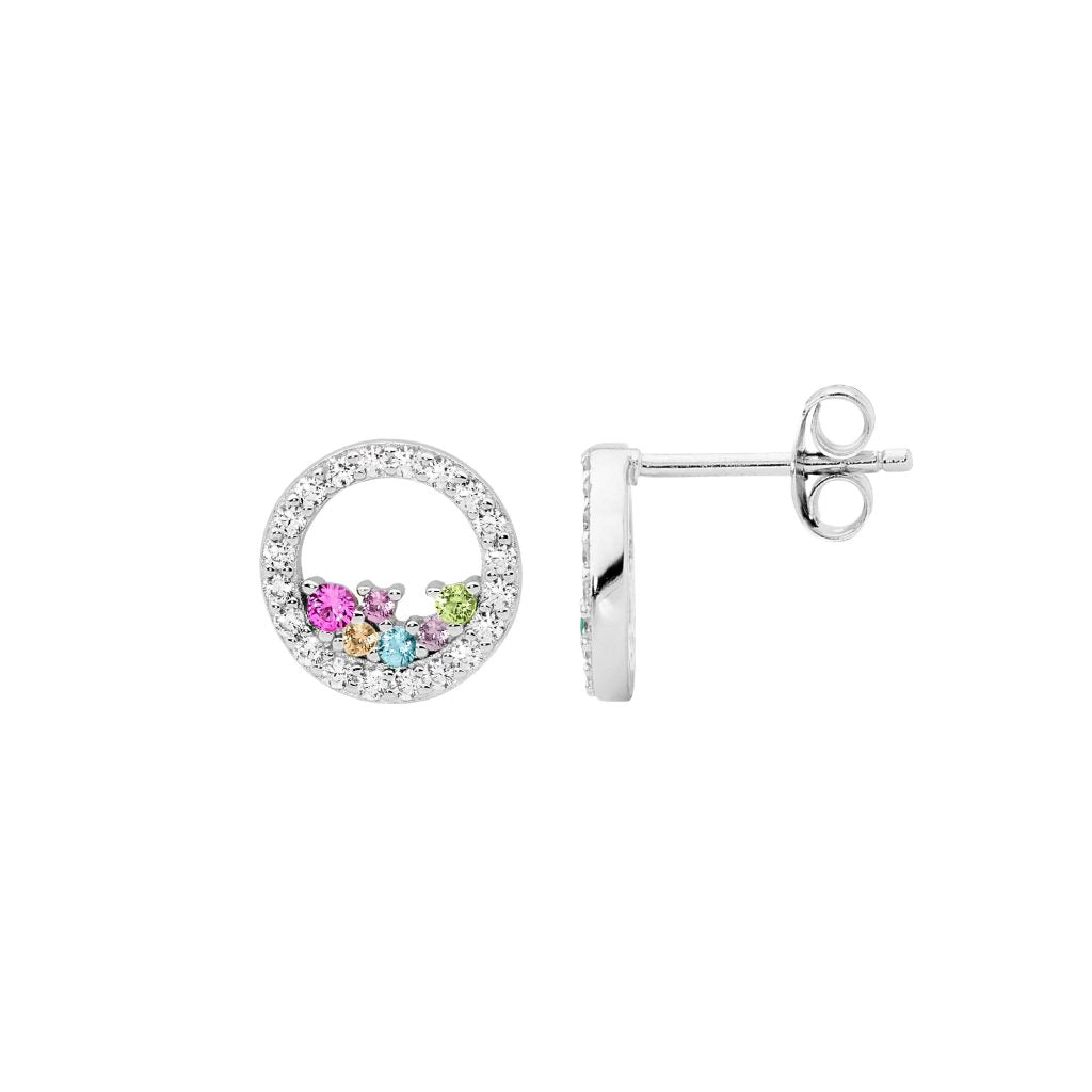 Sterling Silver White Cubic Zirconia 10mm Open Circle Earrings With Scattered Pastel Colour Cubic Zirconia   